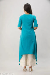 Teal Blue Embroidered Collar Asymmetrical Hem Kurti, high-quality cotton slub fabric, traditional Indian attire for women